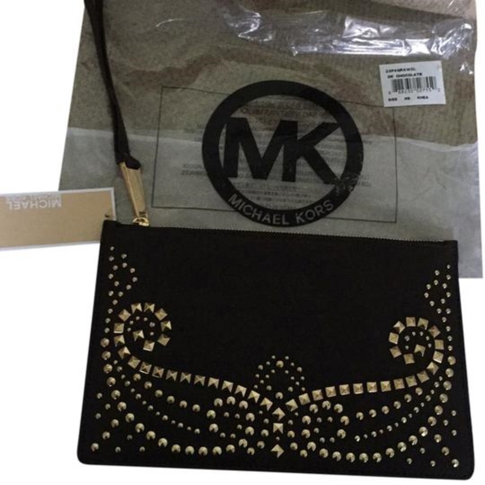 NWT Michael Kors Large Rhea Studded Lg Zip Clutch Dark Chocolate Almost Black